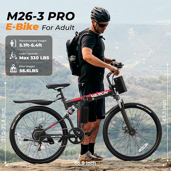 VARUN Folding Electric Bike for Adults - Peak 750W Motor 26" Ebikes, Foldable Electric Bike with 48V Longe Range Battery, Up to 20+MPH 50 Miles, 7-Speed Gears & Dual Hydraulic Suspension