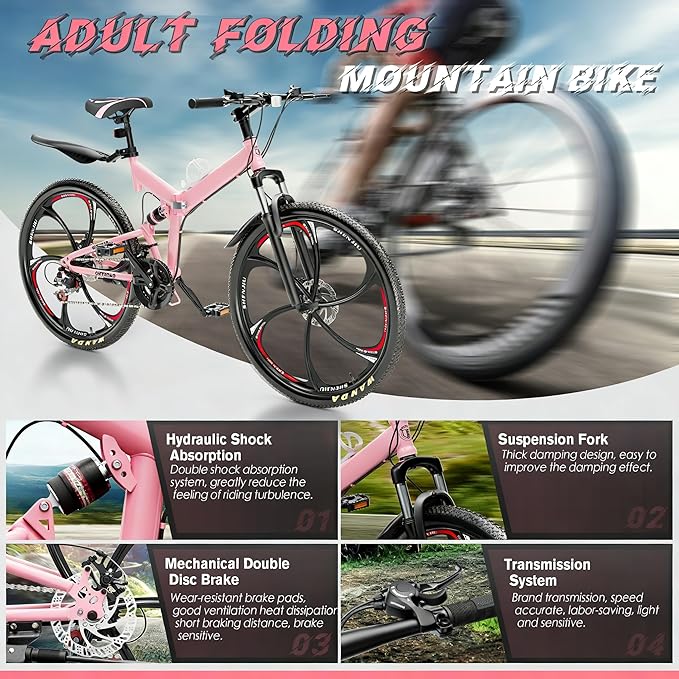 Betterland 26 Inch Mountain Bike, 21 Speeds Full Suspension Folding Bikes, Dual Disc Brake, High Carbon Steel Frame and Non-Slip Quick Release tire Bicycle for Adult