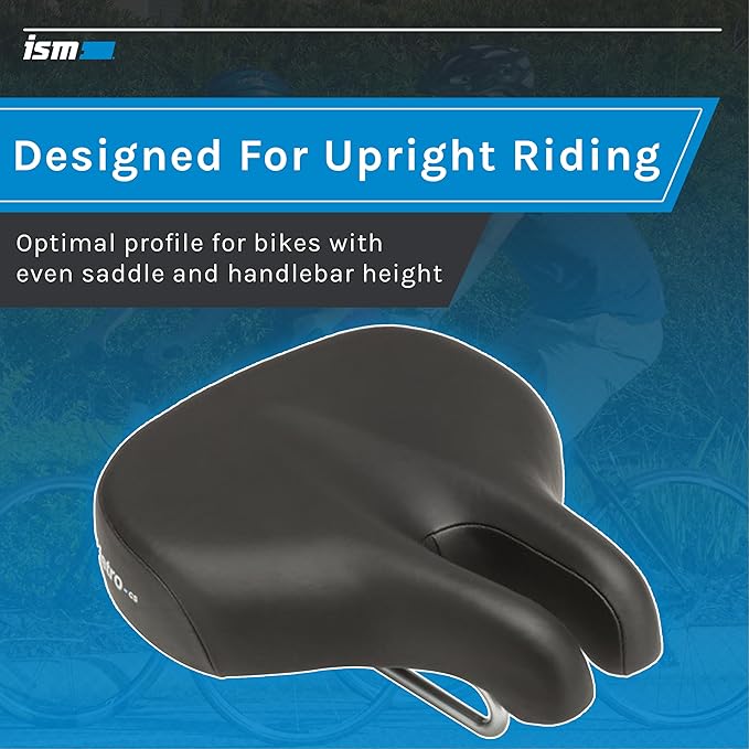 ISM Comfort Series Noseless Bike Saddle for Upright Riders - Anatomic Relief Bicycle Saddle for Hybrid, Police, Commuter Bikes, and Beach Cruisers - Wide and Thick Comfortable Bike Seat for Men/Women