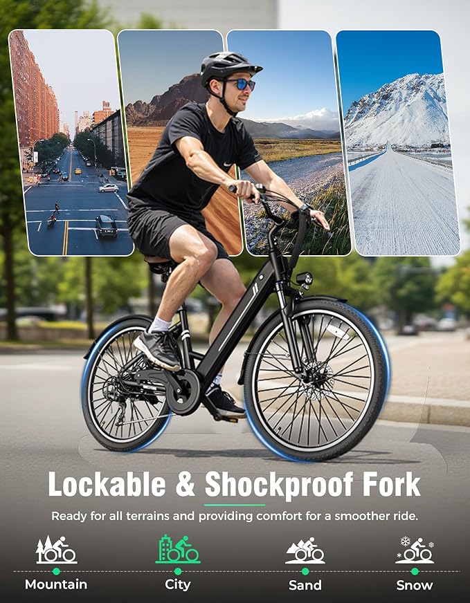 26" Electric Bikes for Adults, Peak 1000W Electric Bike, Up to 25MPH&40 Miles, Ebike for Adults with 375Wh Removable Battery, 7-Speed&Front Suspension Commuter Ebike for Outdoor (Jet Black)