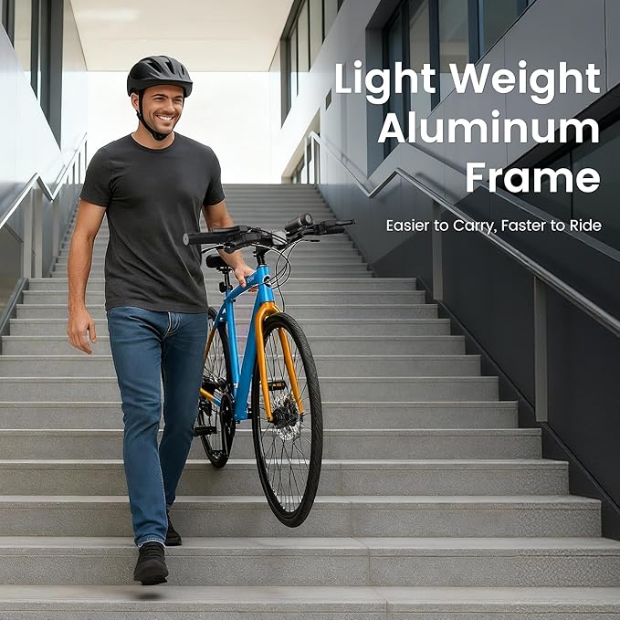 MOPHOTO Hybrid Bike for Adults, 700C City Commuter Bicycle, Lightweight Aluminum Frame, 8-Speed Urban Fitness Bike for Men&Women, Dual Disc Brakes, Upright Flat Handlebar, LED Headlight & Reflectors