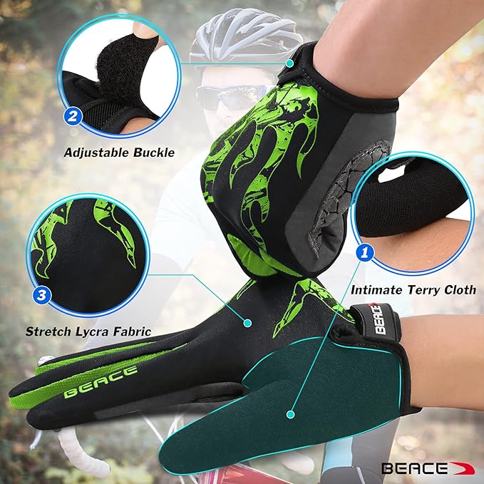 BEACE Cycling Gloves for Men Women - Full Finger Mountain Bike Gloves With Touch Screen and Anti-Slip Silicone Palm - Workout and Road Bicycle Gloves