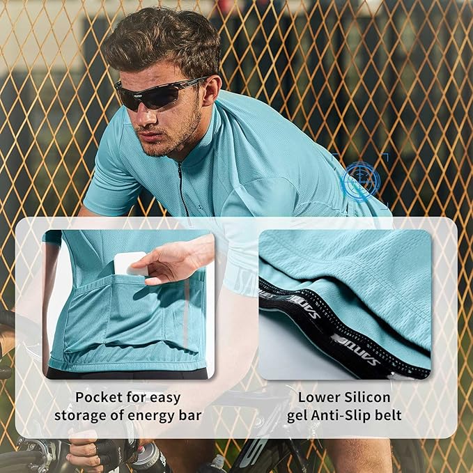 Santic Men's Cycling Jersey Short Sleeve Tops Pro Road Bike Shirt Full Zipper UPF 50+ MTB Jersey with Pockets