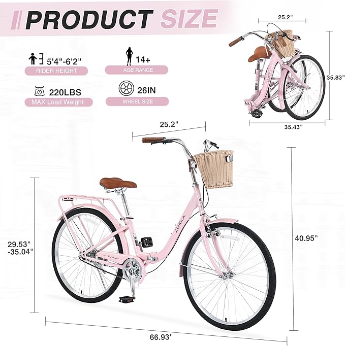 24/26 Inch Folding Girls/Womens Cruiser Bike，1-Speed Foldable Hybrid City Bicycle with Dual Brakes,Basket & Rear Rack，Adjustable Seat Post&Handlebar，3 Colors