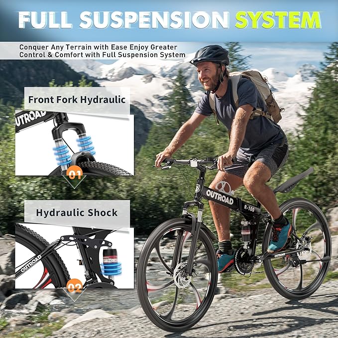 26 Inch Folding Mountain Bike, 21 Speed Full Suspension Bicycle Dual Disc Brake Non-Slip Quick Release tire for Adults Men Women(Balck/Pink/Green/Orange/White/Purple)