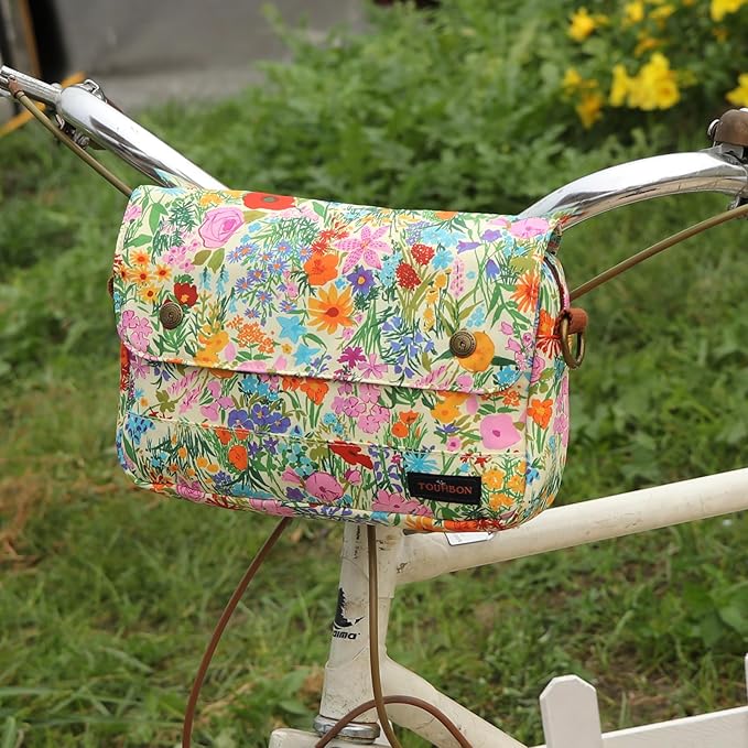 TOURBON Bike Bag Waxed Canvas Bicycle Handlebar Bag Zipper Closure Pouch Crossbar Front Frame Basket Cycling Saddebag Under Seat Strap-on Rear Rack Pannier (Yellow with Flower)