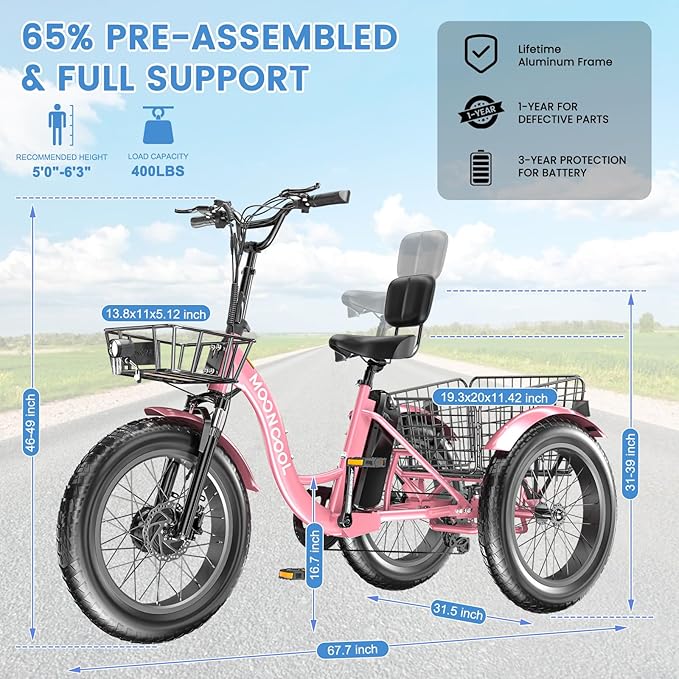 MOONCOOL 1000W 4" Fat Tire Electric Tricycle for Adults, 48V 14.5Ah All-Terrain Aluminum 20" E-Trike, Front Suspension, 7-Speed, 400lbs Max Payload
