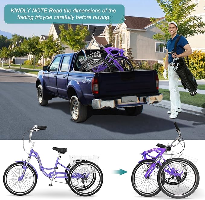 MOPHOTO Adult Folding Tricycle, 7-Speed 3 Wheel Bike for Adults, Seniors, Women & Men, 20/24/26 Inch Low Step-Through Trike with Large Rear Cargo Basket, Adjustable Seat, Space-Saving Cruiser Bicycle