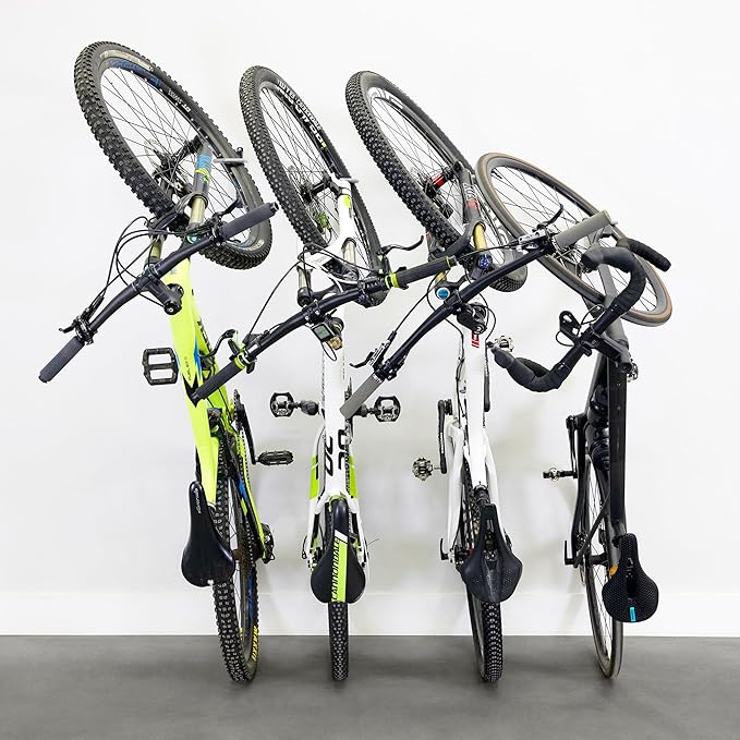 WheelRest Bike Hook, No-Lift Garage Wall Mount, Vertical Bicycle Storage Rack, Adjustable Bike Hanger for MTB, Road, eBike, 4 Pack