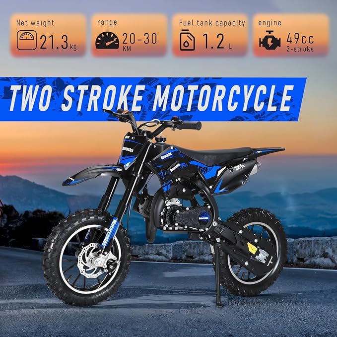 cdar Kids Dirt Bike, 49cc Gas Dirt Bike for Teens - 25MPH 2-Stroke Pit Bike with Hydraulic Disc Brakes & 10" Off-Road Tires Ages 13+ Max180lb Load Christmas for Boys Girl Blue