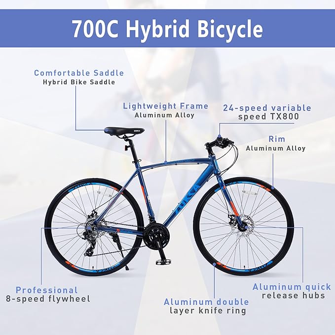 ZUKKA 700C Road Bike for Adult 24-Speed Unisex Hybrid Road Bicycle, Alloy Frame/Dual-Disc Brakes/Multiple Colors