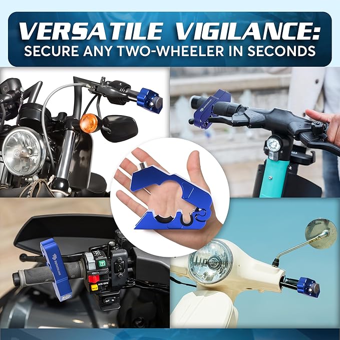 Heavy Duty Motorcycle Grip Lock - Brake/Handlebar/Throttle Lock Secures Bike, Scooter, Moped, ATV in 5 Secs! - Anti Theft with Free Holster (Blue)
