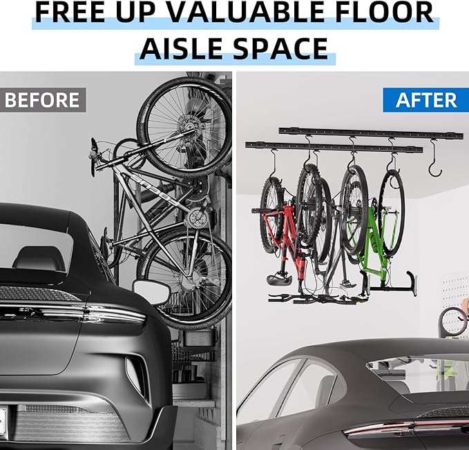 Urban Deco Ceiling Mounted Bike Rack for Garage, Indoor Metal Bike Hanger with 8 Adjustable Ceiling Hooks Hold 4-8 Bikes, Space-Saving Garage Bike Storage for Storing Bike (2-Piece Set)