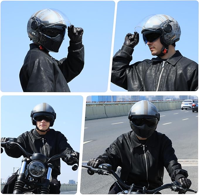 TRIANGLE Full Face Motorcycle Helmets,Off-Road Motocross Helmet for Men & Women,Dual Visor with Internal Tinted Sunshield,Open Face 3/4 Adult Racing Helmet DOT Approved(M)