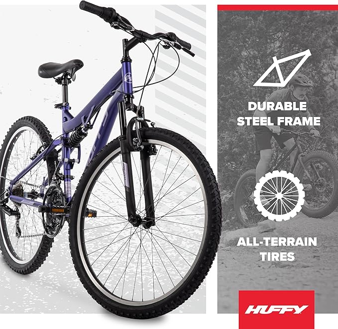 Huffy Stone Mountain Bike for Men and Women, 20”/24”/26”, 6-Speed (20”) or 21-Speed, Front or Dual Suspension (Varies), Multiple Colors, Adjustable Saddle, Shimano Equipped, All-Terrain Tires
