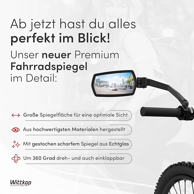 WITTKOP Bike mirror | Large HD field of vision | 360° rotatable & foldable | Mounting above & below | Break-proof & durable | ebike accessories, bike mirror handlebar mount, bicycle mirrors