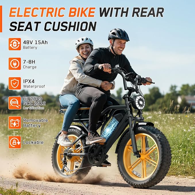 Electric Bike for Adults,1500W Peak Motor Retro E Bike,30MPH Max Speed,60/110 Miles Range,Removable 48V 15Ah Battery,20"x4.0"Fat Tire,Ebike with Suspension,UL 2849