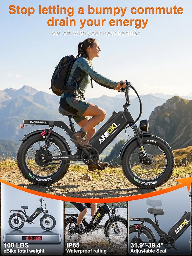 ANIIOKI AQ177 Pro Max eBikes for Adults, 200+ Miles Long Range Electric Bike, 28 MPH/32 MPH High Speed Commuting Ebikes, Full Suspension Ebike