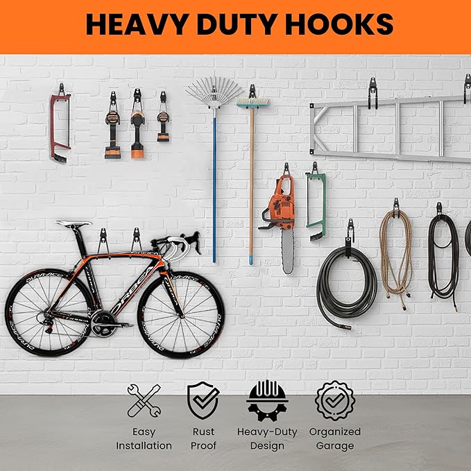 Pack 20 Garage Hooks Heavy Duty | Multi-Sized Wall Mount Tool Hangers with Anti-Rust PVC Coating | Heavy Duty Wall Hooks for Bikes, Ladders, Garden Tools, and More