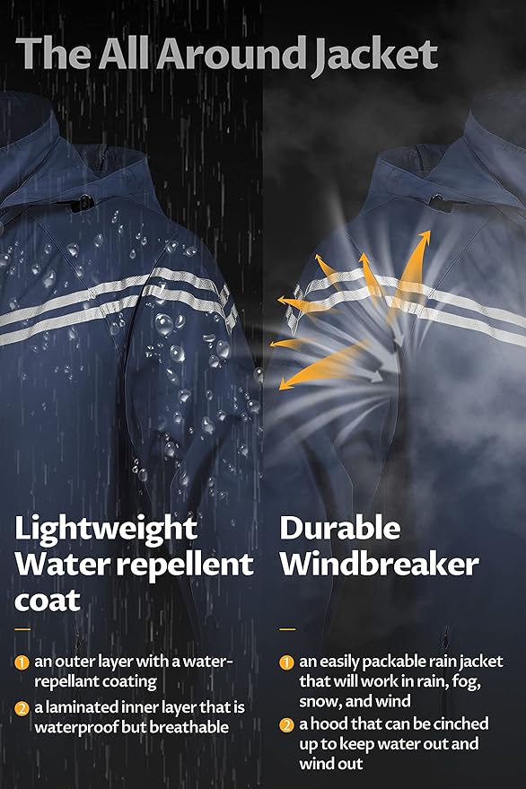 CREATMO US Men's Packable Waterproof Running Rain Coats Reflective Cycling Jacket Windbreaker With Removable Hood