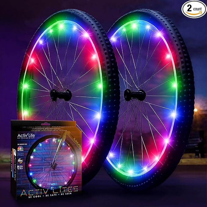 Activ Life 2-Tire Pack LED Bike Wheel Lights with Batteries Included, Get 100% Brighter and Visible from All Angles for Ultimate Safety and Style