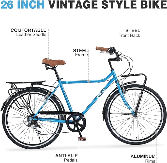 Vintage Style 26 Inch Adult Cruiser Bicycle Hybrid Bike 7 Speeds Commuter Bike for Women, Men, Seniors, SHMANO Shifter and derailleur Step-Over Steel Frame,Double Cargo Rack，4 Colors