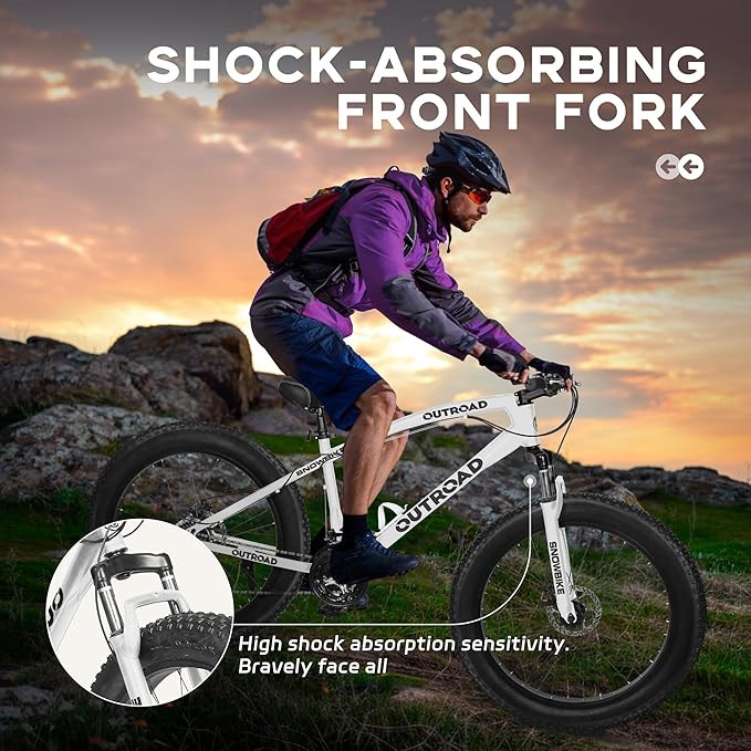 Outroad Fat Tire Mountain Bike with 26 inch Wheels, 21 Speed with High Carbon Steel Frame, Double Disc Brake and Front Suspension Anti-Slip Bikes