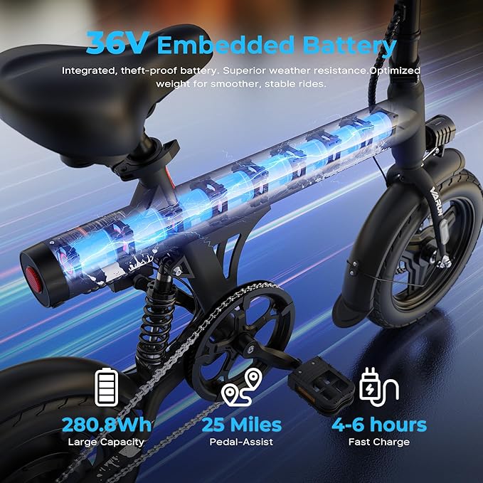 VARUN Electric Bike- Commuter Ebike for Adults 500W Peak Motor, 20 MPH Speed, Long-Range, Waterproof Battery & Chain, 14" Foldable Electric Bicycle with Dual Disc Brakes and Rear Suspension