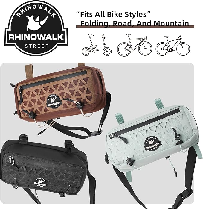 Rhinowalk Handlebar Bag for Brompton Folding Bike & Road Bikes, 1.9L Compact Pouch with Shoulder Strap, 3-Point Mounting, Front Zipper Pocket, Internal Storage for Cycling & Commuting (Dark Brown)