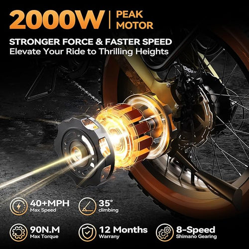 2000W/3000W Peak Motor Electric Bike for Adults, 48V/52V 25AH/30AH Battery Full Suspension Foldable Ebike, 20"x4.0" Fat Tires 35MPH Dirt Bike, 100/120 Miles Hydraulic Brake Magnesium Alloy Motorcycle