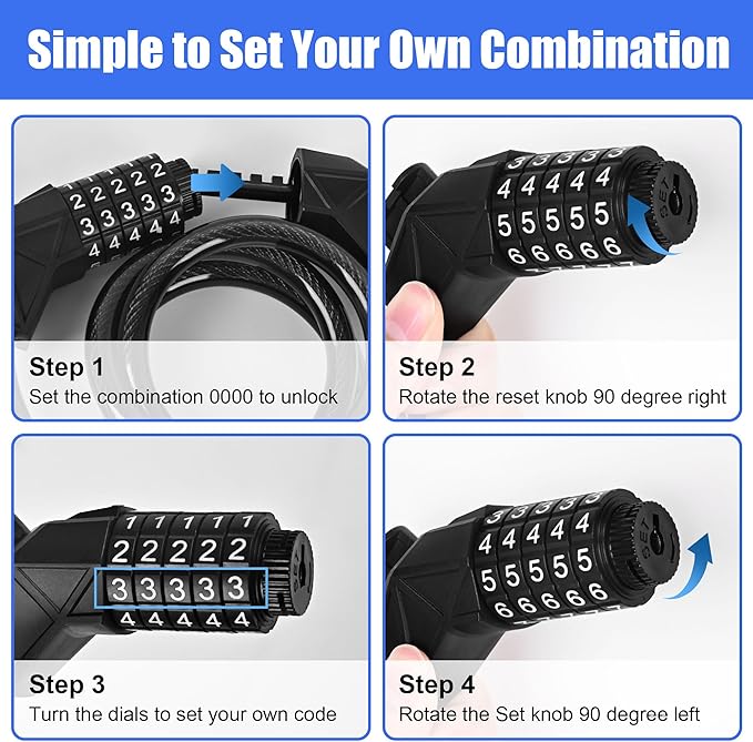 Ebike Electric Bike Cable Lock, Resettable 4 Feet Cable Lock for Electic Bicycle, Electric Scooter, Motorcycle with Mounting Bracket