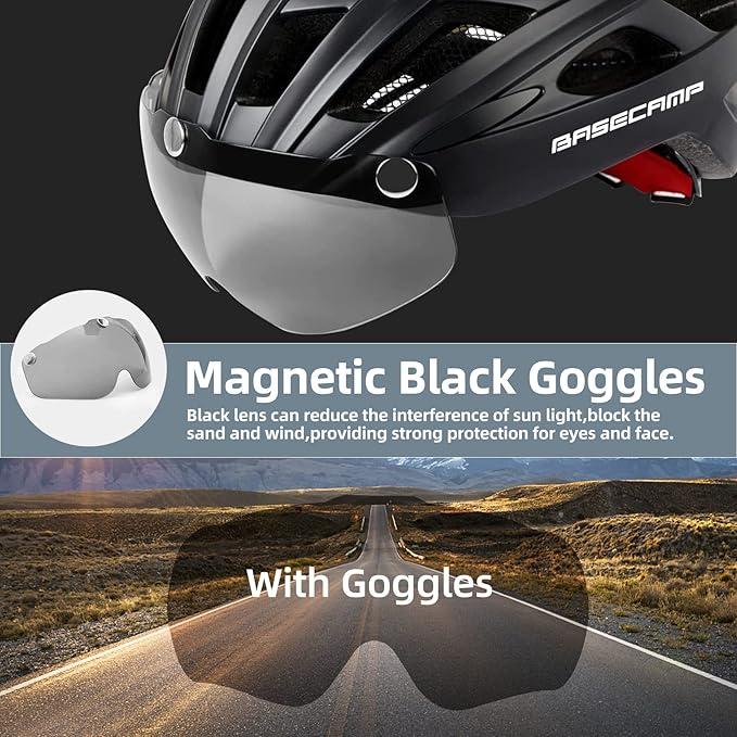 Bike Helmet, Basecamp Bicycle Helmet with Rear Light & Detachable Magnetic Goggles Lightweight Cycling Helmet Adjustable for Adult Men Women Mountain & Road (BC-069)