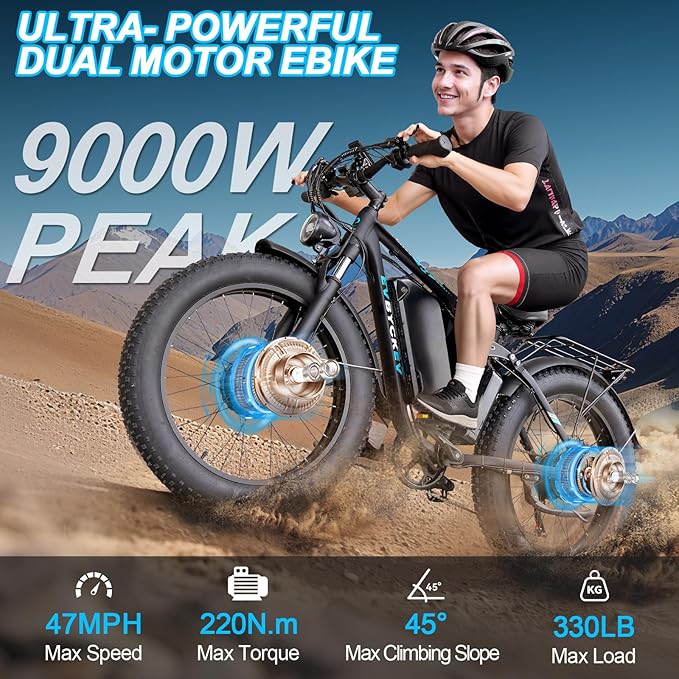 9000W Peak Dual Motor Ebike,58V Max 34Ah Adults Electric Bike,Up to105 Miles Range 47MPH Top Speed Fast Ebike,Full Suspension 24Inches Fat Tires Mountain E Bicycle for Sand Snow Beach&Off-Road