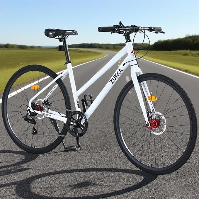700C Road Hybrid Bike City Commuter Bicycle with 7 Speed/Front and Rear Disc Brakes/Steel Frame for Men Women Adult Available in A Variety of Colors