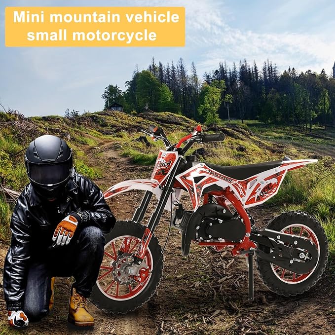 cdar 49CC 2-Stroke Kid Dirt Bike, Gas Dirtbike Children Motorcycle Gas Powered Off-Road Motorbike with Soft Seat Cushion Pocket Motorbike Front Rear Disc Brakes Birthday Gifts for Boys Girls 6-14 Red
