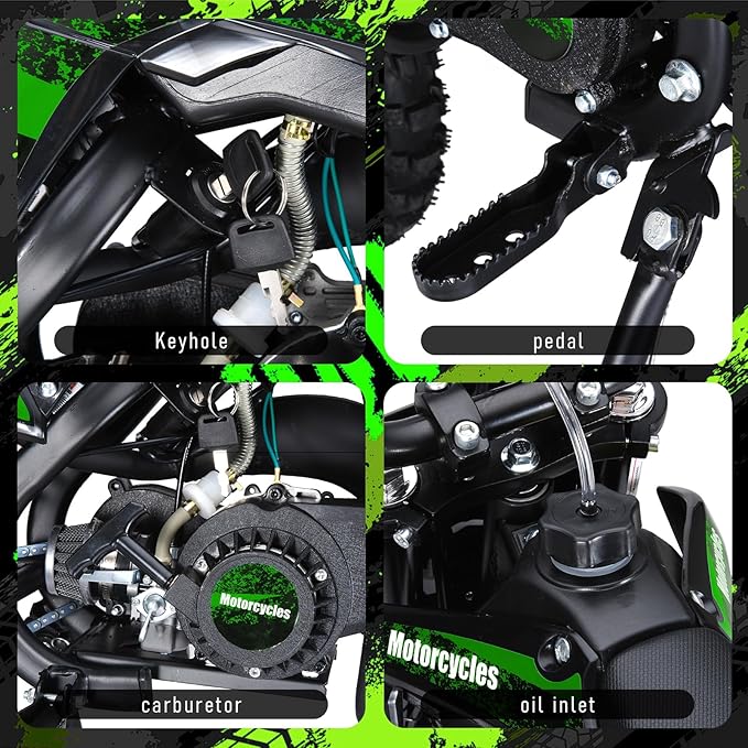 cdar Kids Dirt Bike, 49cc Gas Dirt Bike for Teens - 25MPH 2-Stroke Pit Bike with Hydraulic Disc Brakes & 10" Off-Road Tires Ages 13+ Max180lb Load Christmas for Boys Girl Green