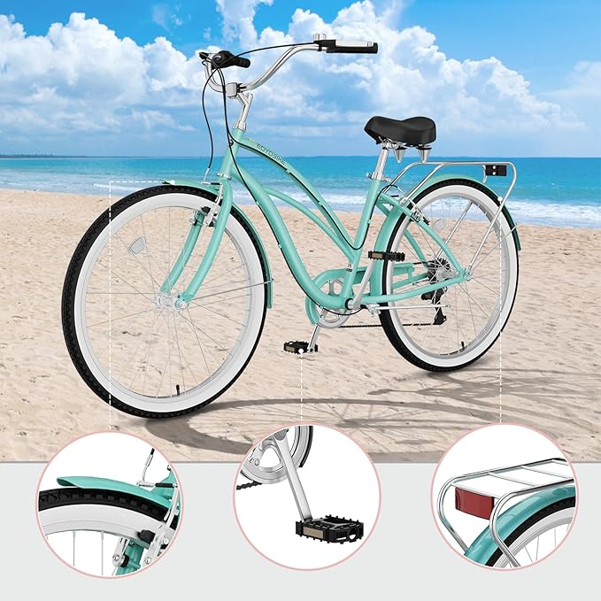 MOPHOTO 24" 26" Adult Bike 7-Speed Beach Cruiser Bike for Adults, Rear Rack, Fenders, Step-Through or Classic Frame