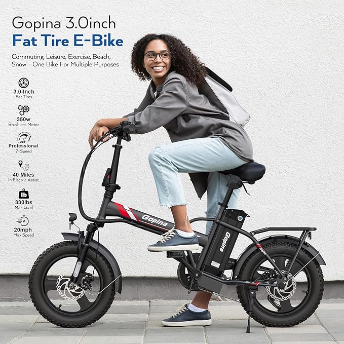 Vivi Gopina Electric Bike, 16" x 3.0 Fat Tire Electric Bike, Peak 500W Step Thru Electric Bicycle, 48V Removable Battery, Up to 40 Miles, LCD Display, 20mph, 7 Speed, SGS Certified to UL2849