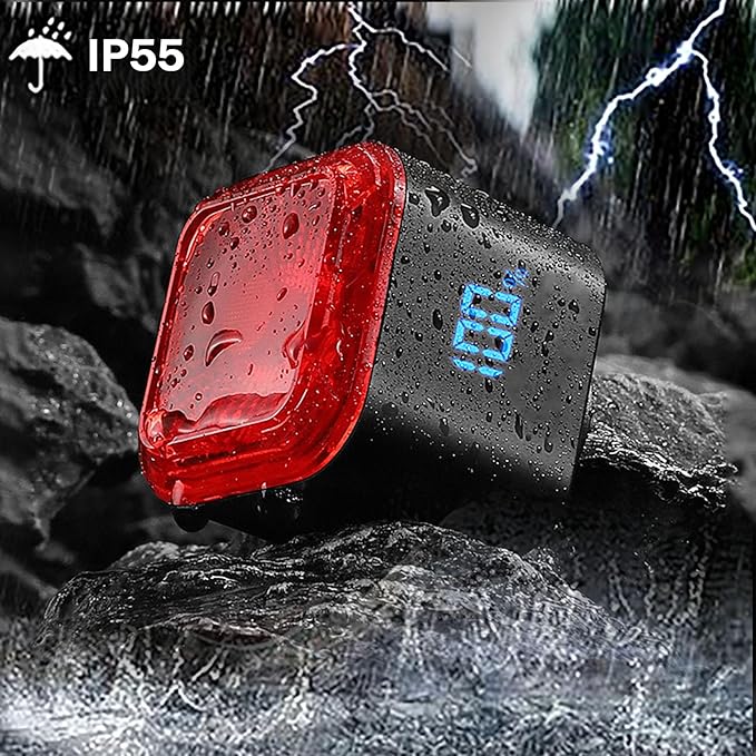 【2025 Upgraded Version】 Smart Bike Tail Light with Digital Battery Display, 6 Modes Auto Bike Brake Rear Light, Auto Sleep & Motion Activation, IPX6 Waterproof,USB-C Rechargeable LED Warning Light
