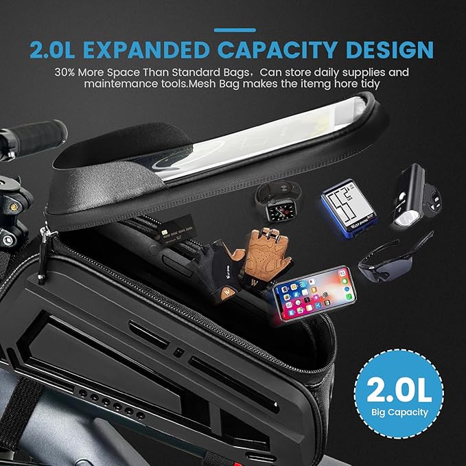 Bike Frame Bag, EVA Hard Shell Bag with 2.0L Capacity,Top Tube Bicycle Storage with 6.8" Touch screen Phone Holder, Handlebar Bike Storage Bag Cycling Pouch for MTB & Road Bikes.