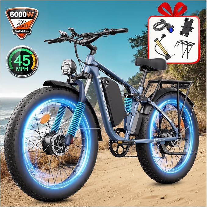 6000W Electric Bike for Adults, 45MPH Dual Motor Ebike, 60V 1200WH E Bike, 100 Miles Bicycle, Full Suspension, Dual Hydraulic Disc Brake Ebike, Charge Voltage 67.2V, Brake/Turn Signal