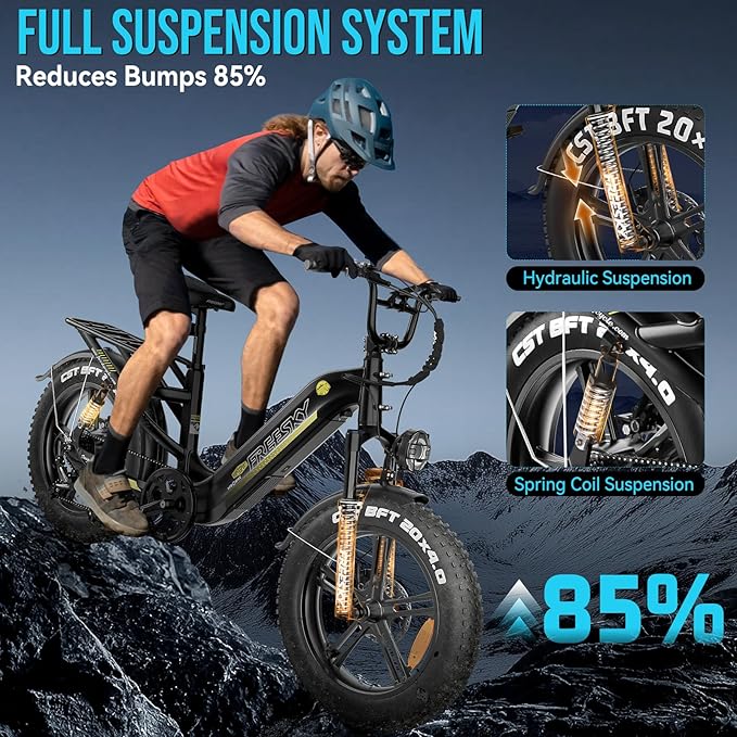 FREESKY 2500W Electric Bike for Adults,105 Miles 48V 25Ah Samsung Cells Battery Step-Thru E Bike, 33MPH Hydraulic Brakes Fat Tire EBike, 20" Full Suspension for Cargo Bicycles UL2849 Certified by TÜV