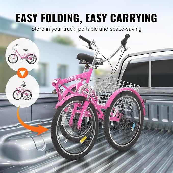 VEVOR Folding Adult Tricycle,Adult Folding Trikes, 3 Wheel Cruiser Bike with Large Basket & Adjustable Seat, Shopping Picnic Foldable Tricycles for Women, Men, Seniors