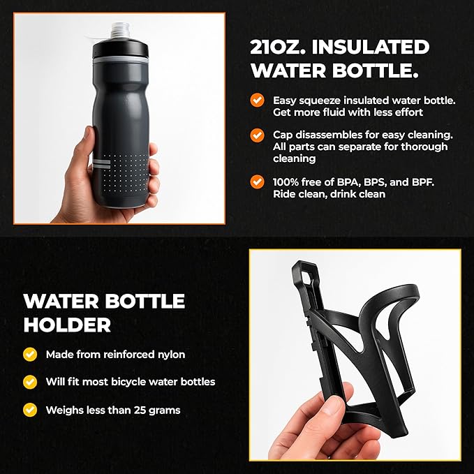 Insulated Bike Water Bottle with Bottle Holder, Screws not Included, Bicycle Accessories for Sport, Outdoor, Cycling, MTB, Road, Universal Cup Holder, Squeeze, Durable, Kids, Adults (Black) 21oz