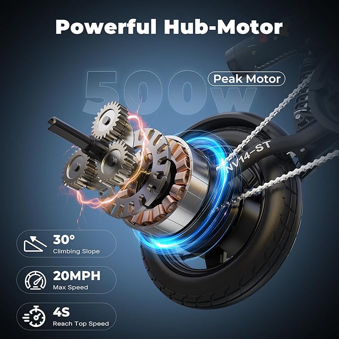 Electric Bike- Peak 500W, 20MPH, Up to 25+Miles, Waterproof Battery, Dual Disc Brakes,Rear Suspension, Stylish 14" Commuter E-Bike for City & Road Sand Mountain