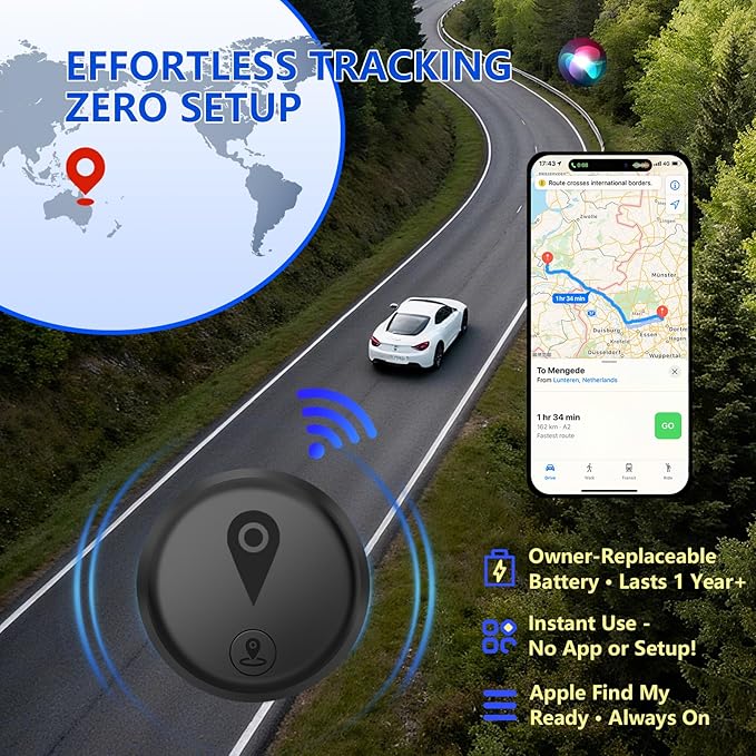 Mini GPS Tracker for Vehicles,Tracking Devices for Cars Hidden Portable GPS Tracker for Cars Splashproof Available for iOS Find My (iOS Only), No Monthly Fee Subscription No SIM Card Required - Black