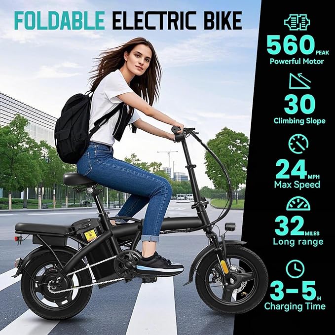 Electric Bike for Adults Teens, Commuter City Folding Ebike with 560W Motor and 48V Battery, 24MPH 3-Level Pedals Assist, Dual Disc Brakes,14" Compact Foldable Electric Bicycle with UL 2849 Certified