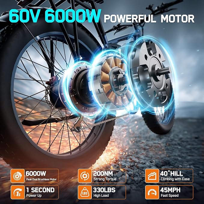 6000W Electric Bike for Adults, 45MPH Dual Motor Ebike, 60V 1200WH E Bike, 100 Miles Bicycle, Full Suspension, Dual Hydraulic Disc Brake Ebike, Charge Voltage 67.2V, Brake/Turn Signal