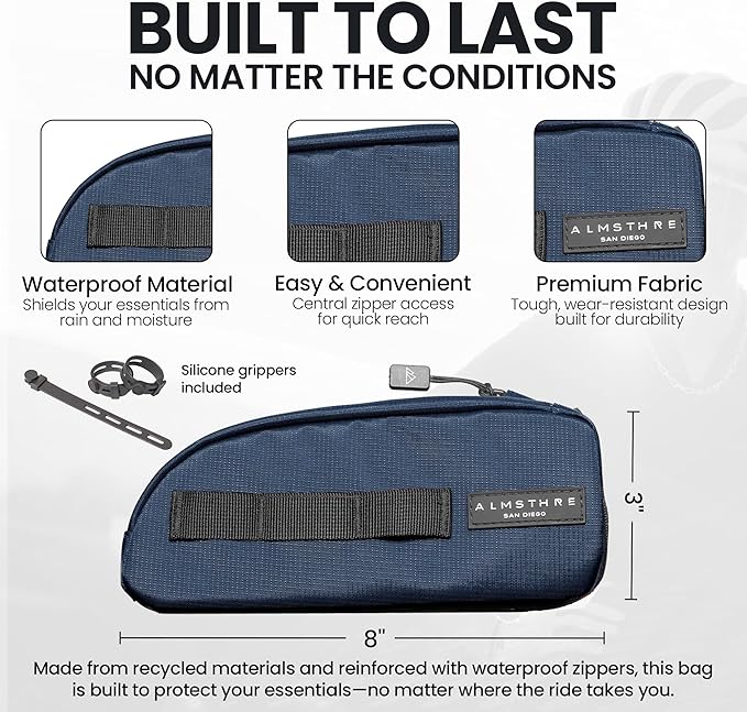 ALMSTHRE Top Tube Bag 8'' x 2'' x 3'' | Waterproof, Secure & Stable – Universal Bike Storage with Versatile Mounting – Fits Essentials | Adventure-Ready Cycling Gear