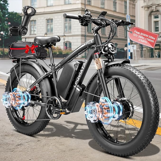 Peak 9000W Dual-Motor-Ebike with 52V 34AH 1768Wh Battery, 42-46MPH 24 Inch Dual-Motor-Electric-Bike for Adults, Up To 105 Miles with Disc Brake Fat Tire Electric Bicycle E Bike Mountain Snow